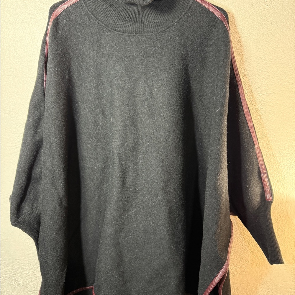 Gabrielle Union Black Sweater Poncho with Maroon Trim